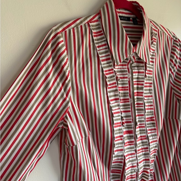 Carlisle Women's Tuxedo Ruffle Front Striped Button Down Shirt Size 8 - Picture 2 of 5
